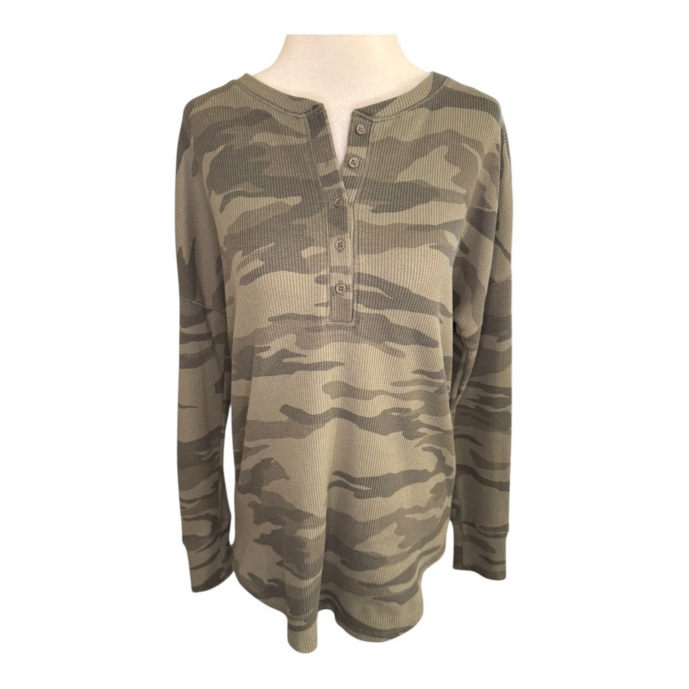 RACHEL ZOE Camouflage Waffle Knit Henley Long Sleeve Shirt Women Size Small